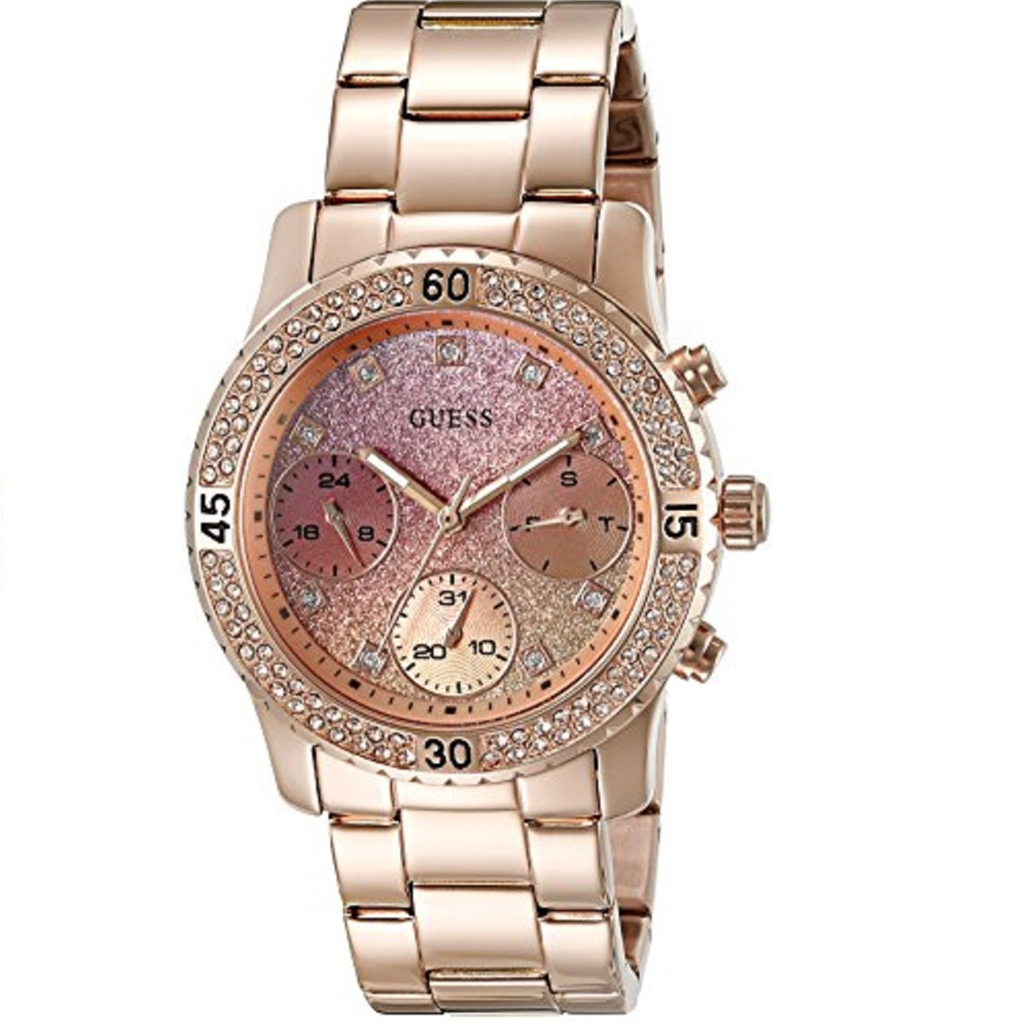 reloj Guess u0774l6 para Dama rosado, acentuada con brillantes.